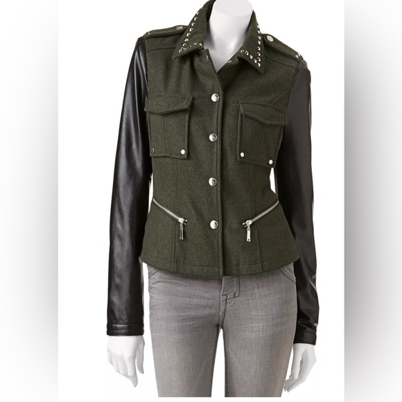 Jou Jou faux leather fleece military jacket punk festival studded medium EUC - Picture 1 of 11